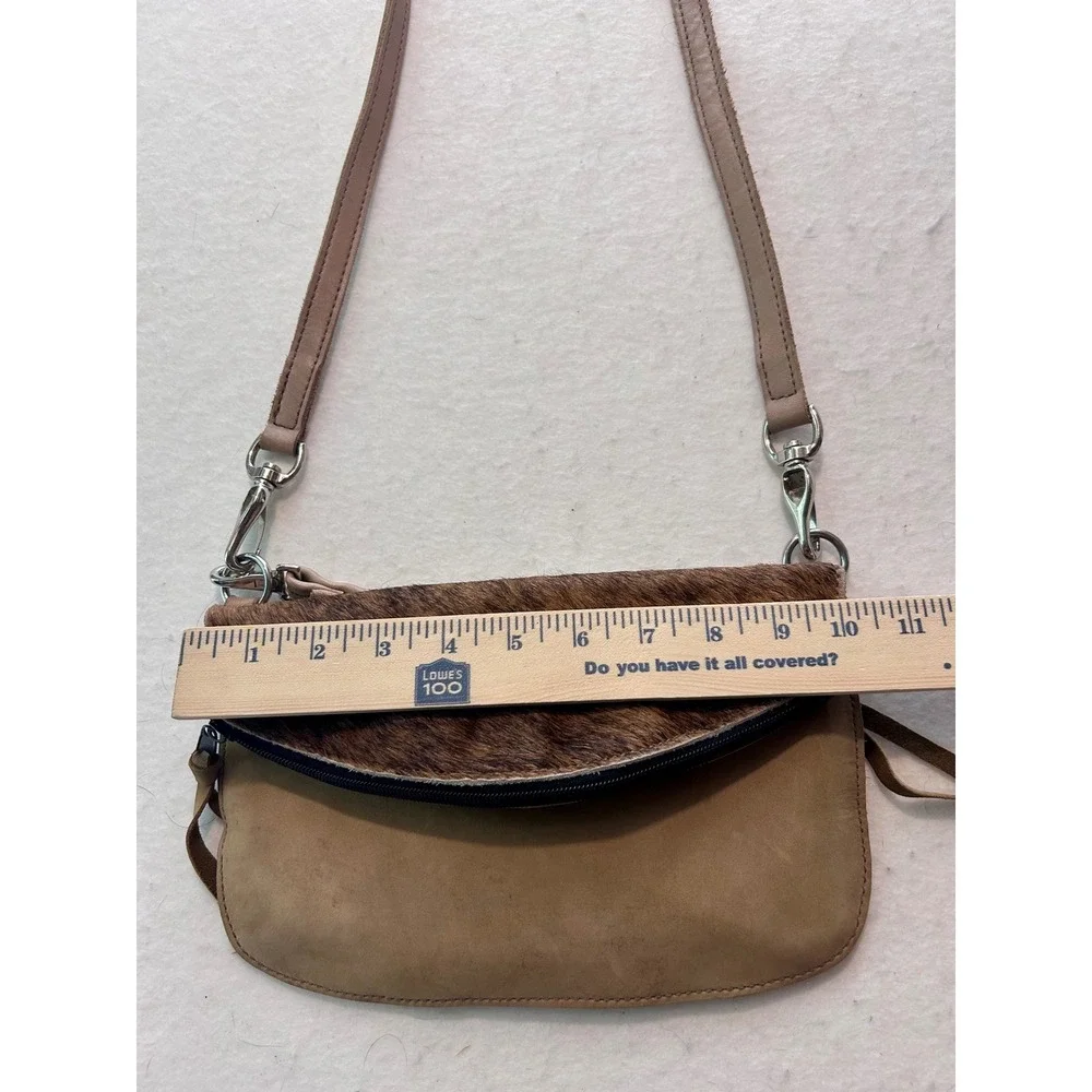 Tan Leather Cowhide Hair On Hide Foldover Crossbody Wristlet Bag